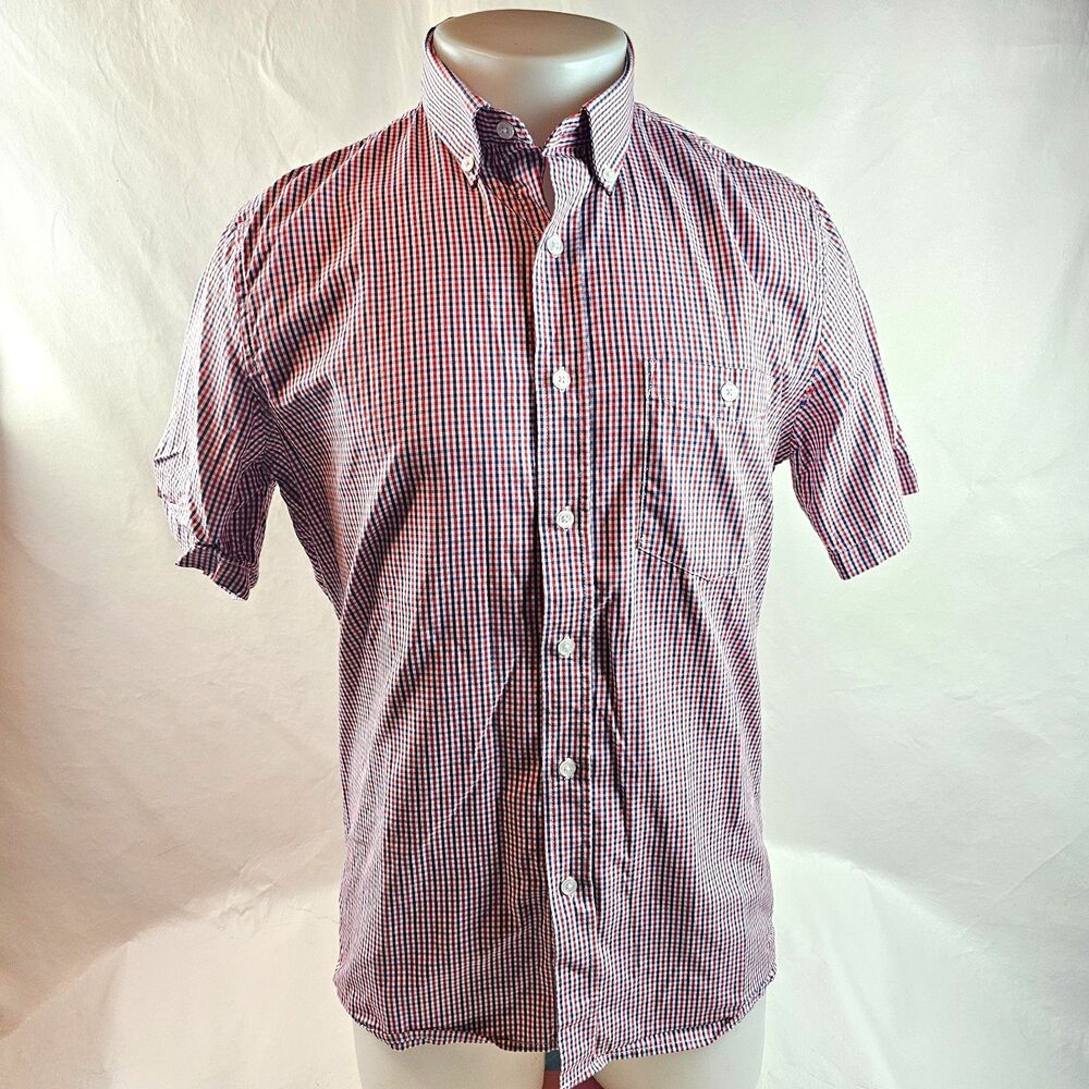 Criquet Shirt Mens Medium Red Blue White Plaid Button Up Short Sleeve Preppy